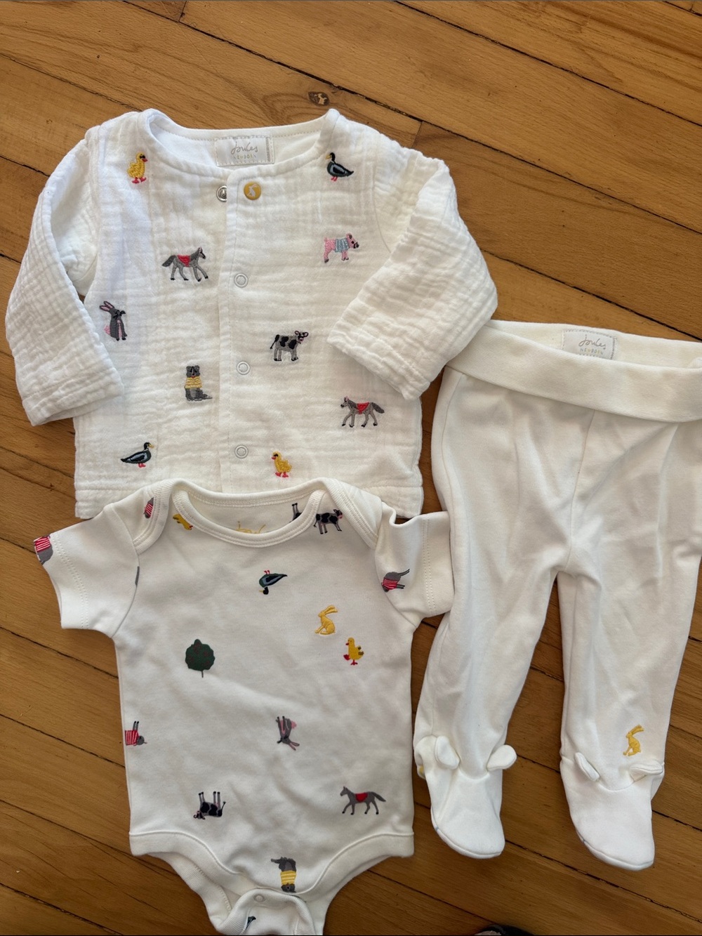 Joules White Baby One-Piece Set with Multicolor Animal Embroidery